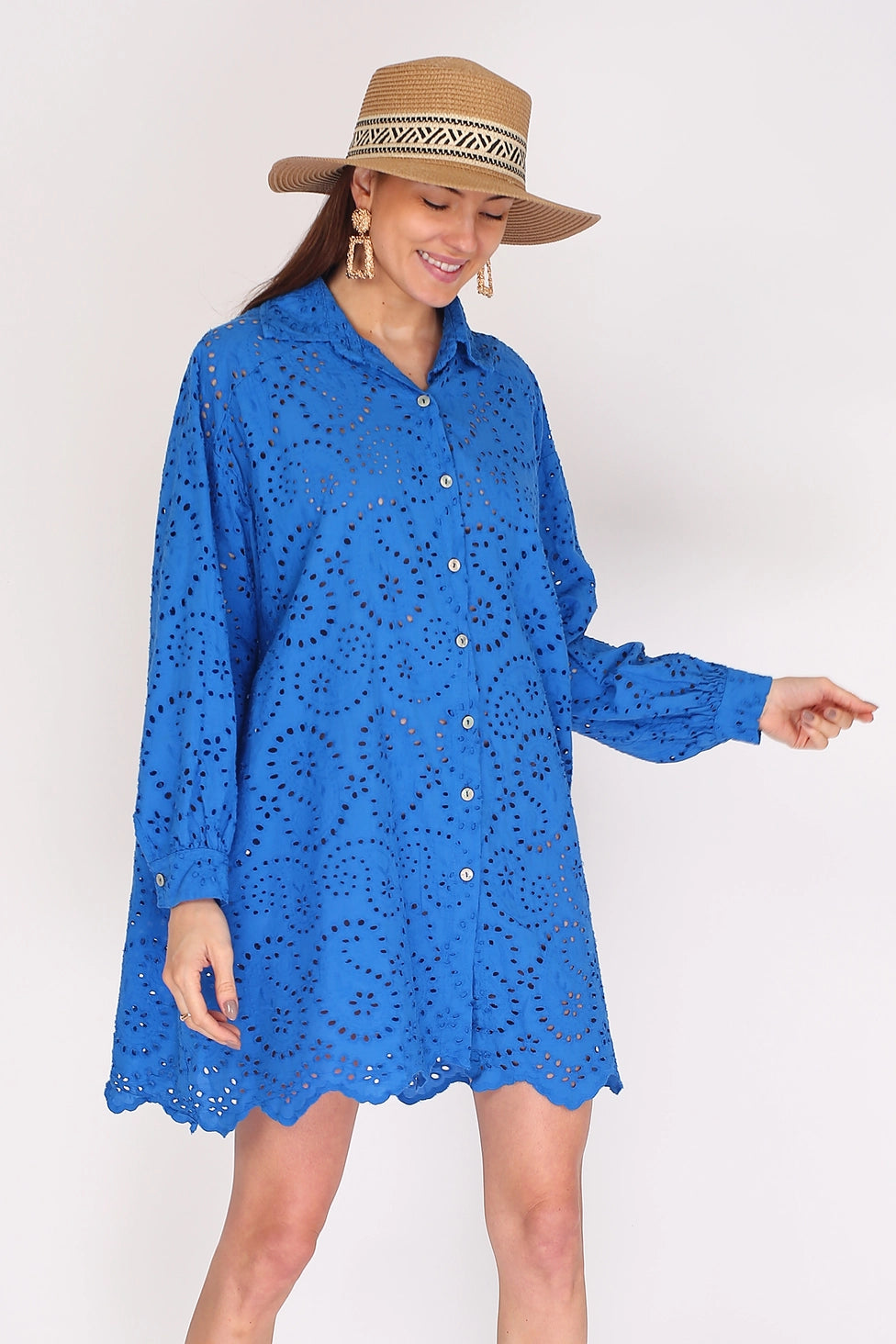 Shirt dress in cotton with eyelet embroidery, NOÉLINE