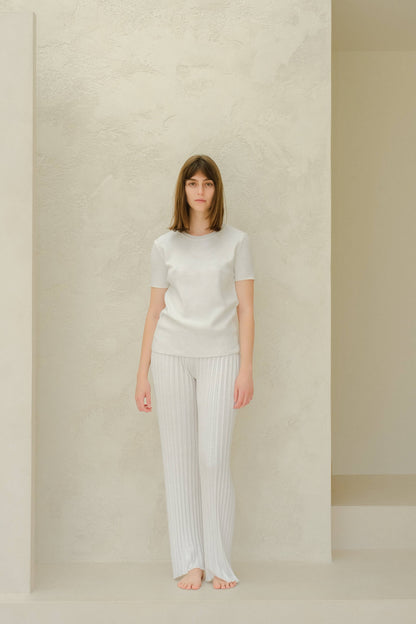 Plisserade stickade byxor i kammad bomull | Lèmme