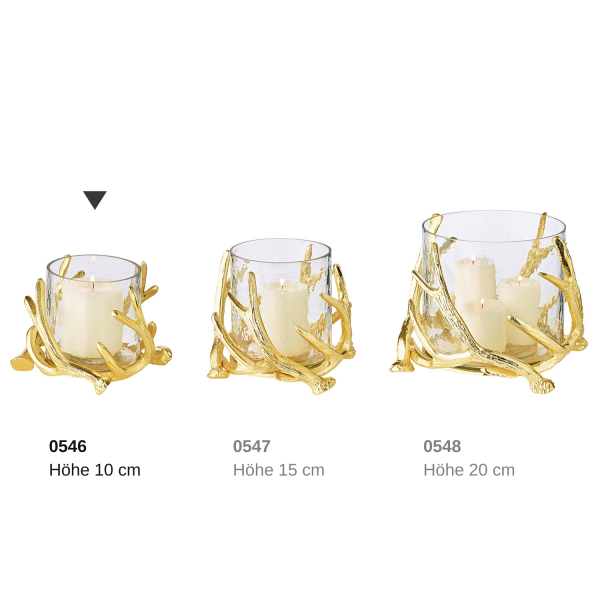 EDZARD Windlicht Kingston, Geweihdesign, Aluminium, goldfarben, mit Glas, Höhe 10 cm, ø 15 cm