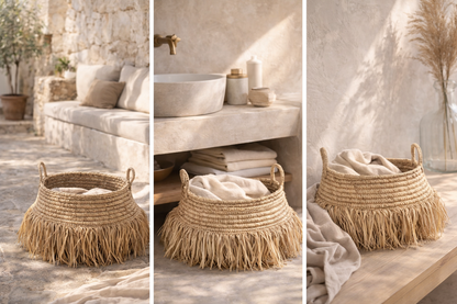 Stor raffiakorg med fransar – Natural