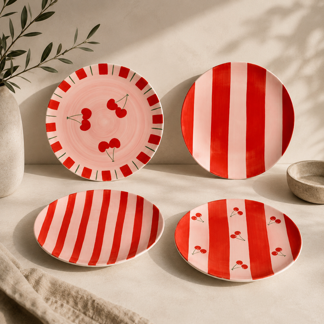 Cherry | Striped dessert plates - set of 4