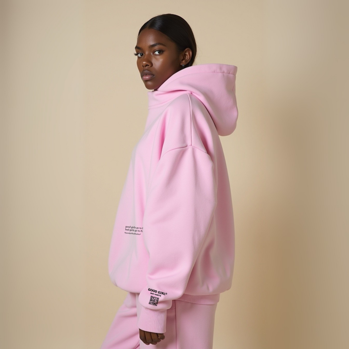 Hoodie “BAD GIRLS GO TO PARIS” – Pink / Beige / Light Blue