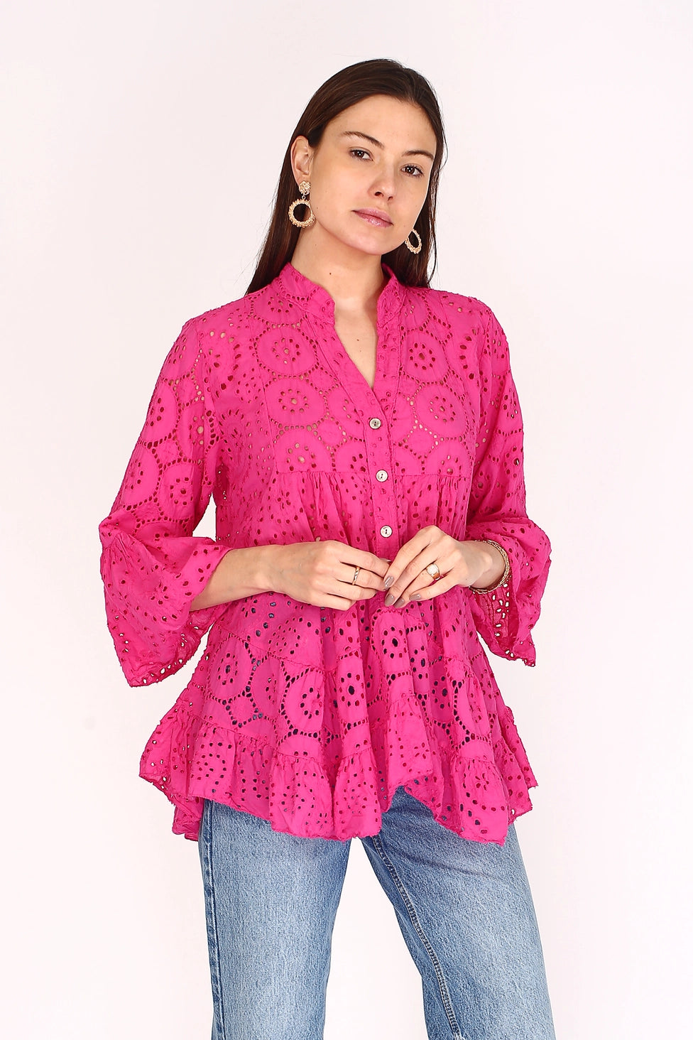 Blouse in Cotton with Hole Embroidery, NOÉLINE