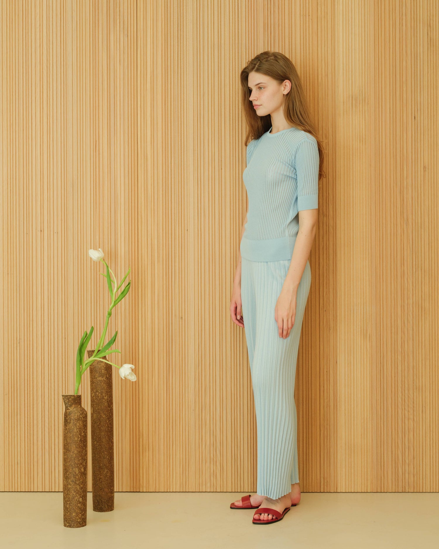 Plisserade stickade byxor i kammad bomull | Lèmme