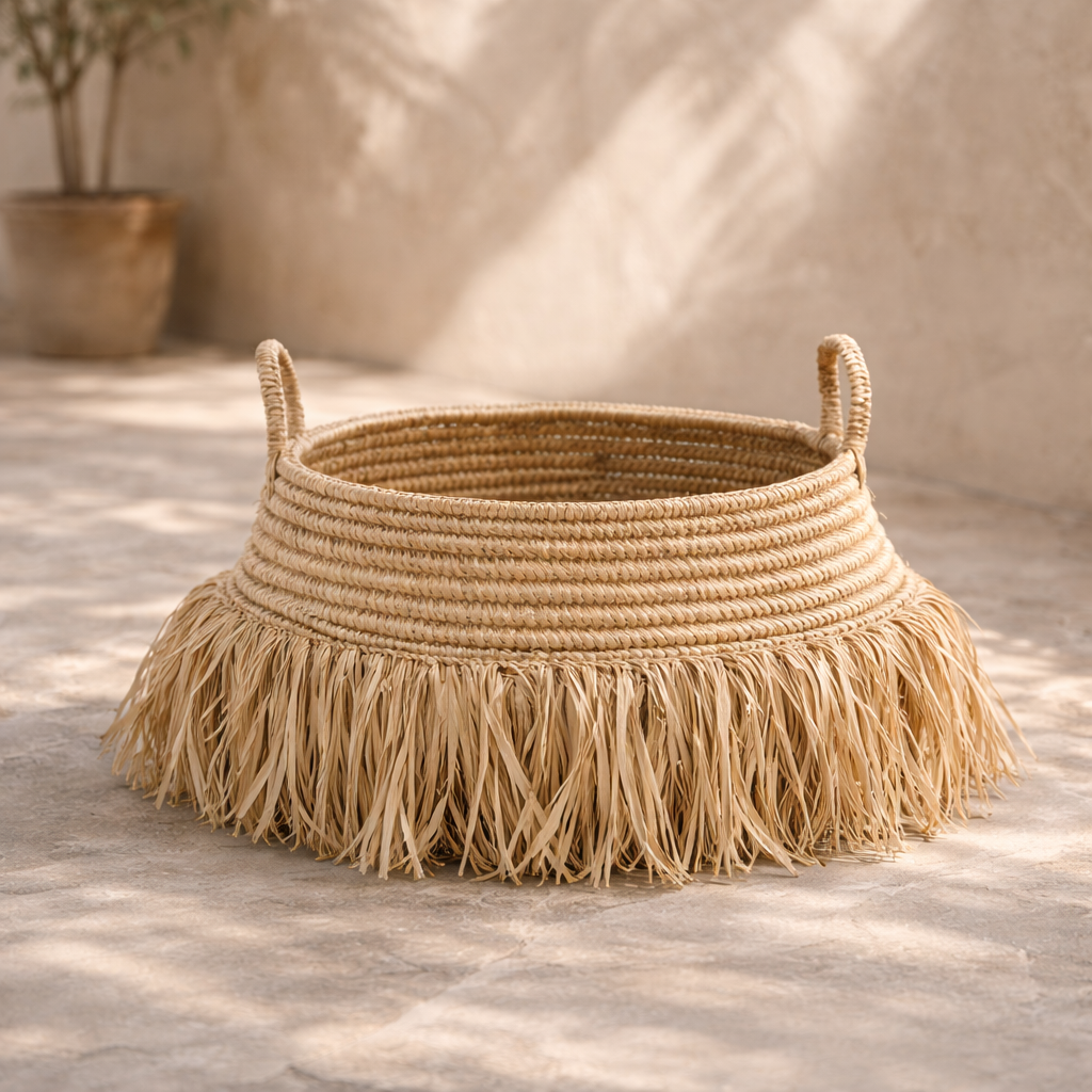 Stor raffiakorg med fransar – Natural