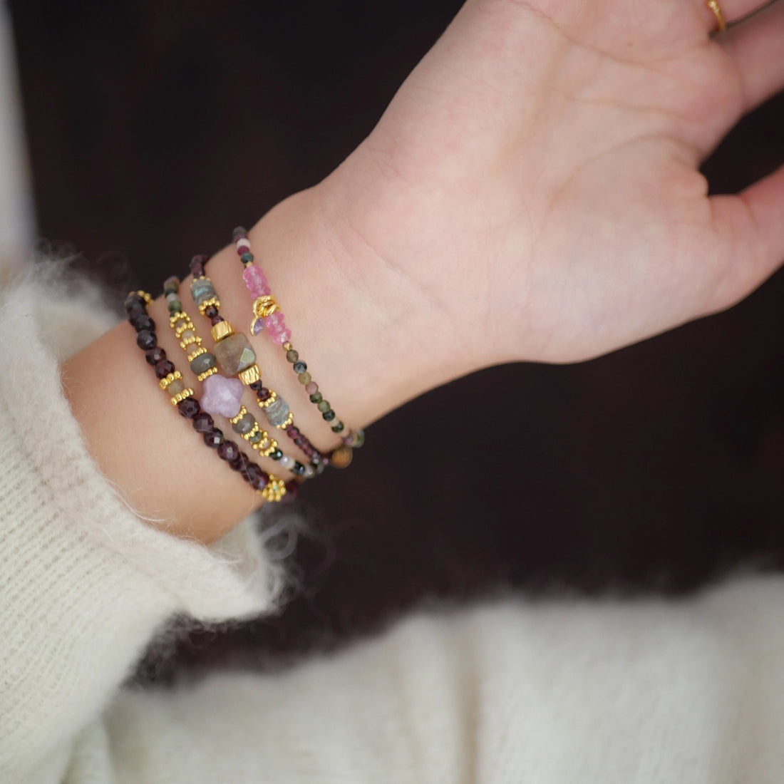 Bracelet - Clover-shaped Lepidolite, Tourmaline &amp;amp; Labradorite