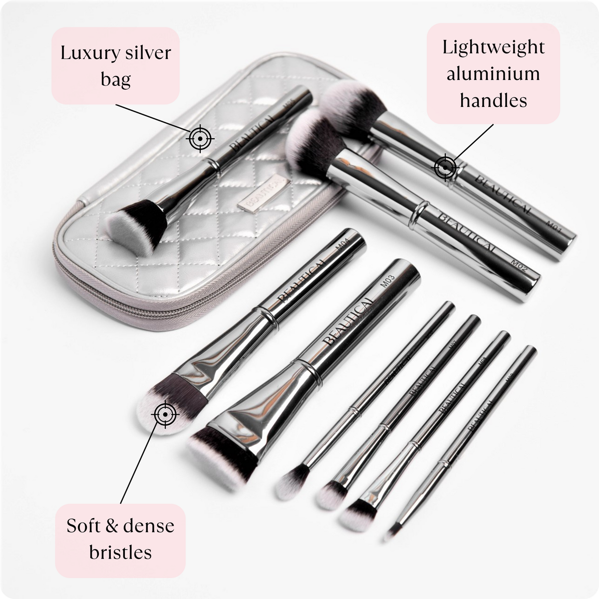 BEAUTICAL | Metal Glam Brush Set – 9 veganska sminkborstar