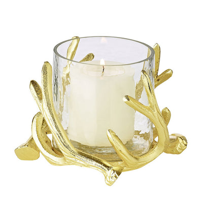 EDZARD Windlicht Kingston, Geweihdesign, Aluminium, goldfarben, mit Glas, Höhe 10 cm, ø 15 cm