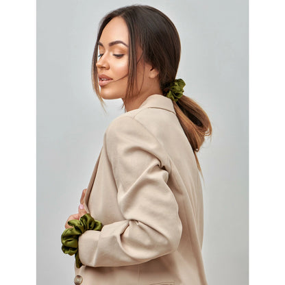 Olive Green Pure Silk Scrunchie, SYLKI LONDON