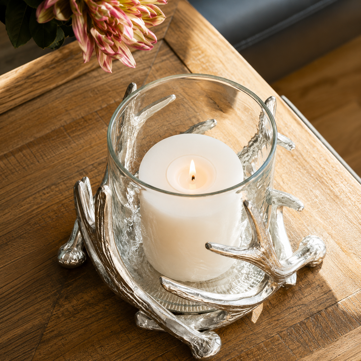 EDZARD Kingston lykta i silver – Horndesign med glas Ø15 cm