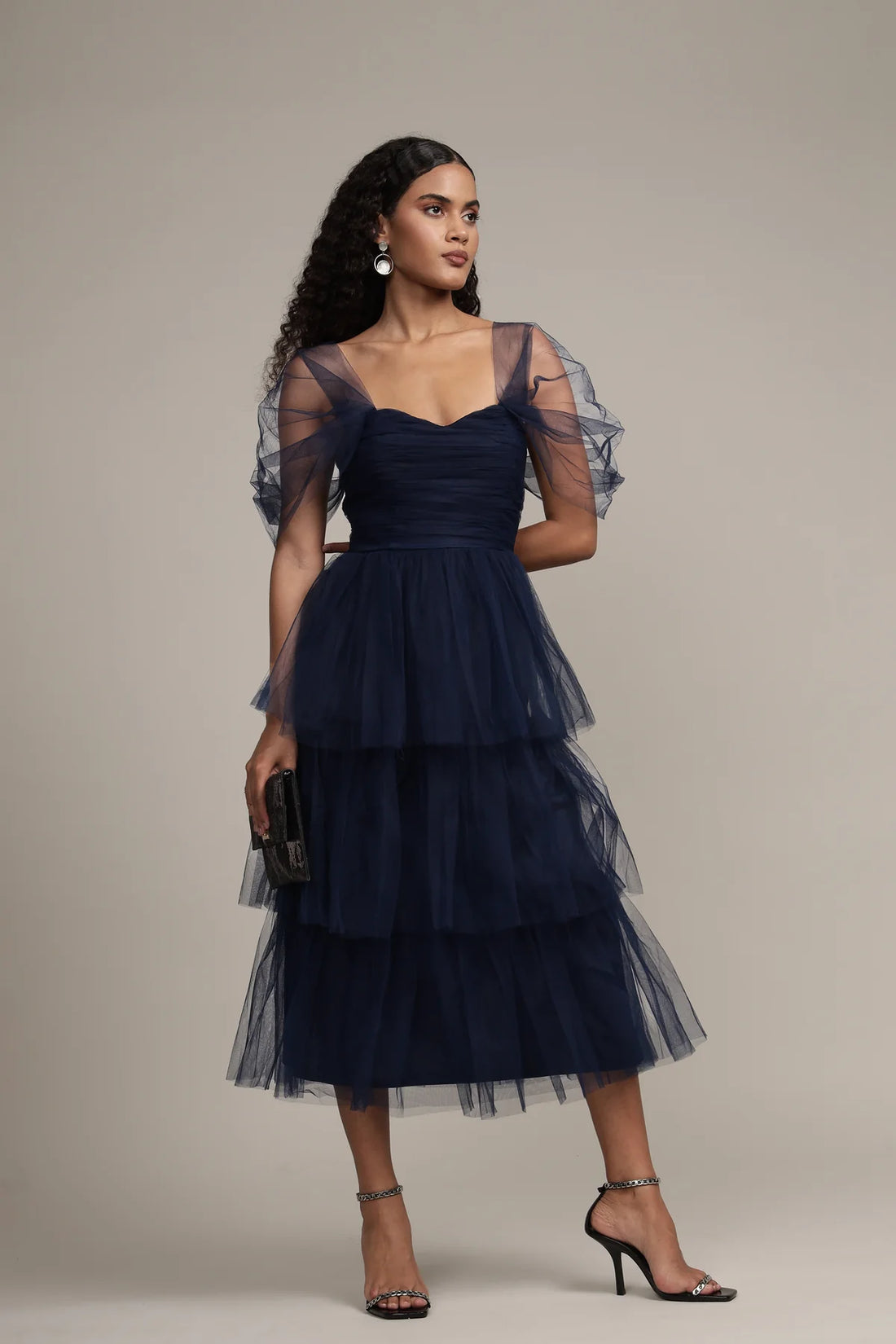 Lace &amp; Beads – Sydney Tulle Midi Dress in Navy
