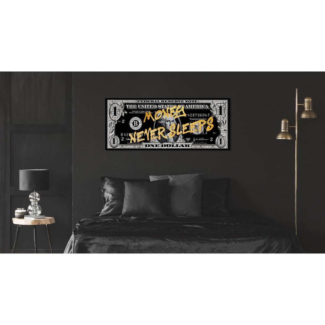 Money Never Sleeps | Lyxig akrylglastavla med bladguld (180x75 cm)