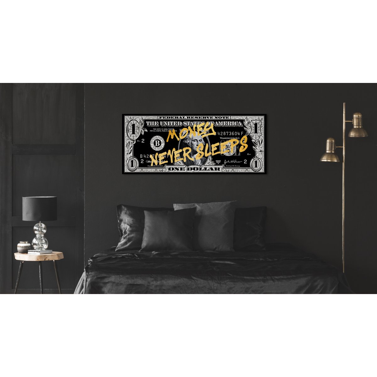 Money Never Sleeps | Lyxig akrylglastavla med bladguld (180x75 cm)