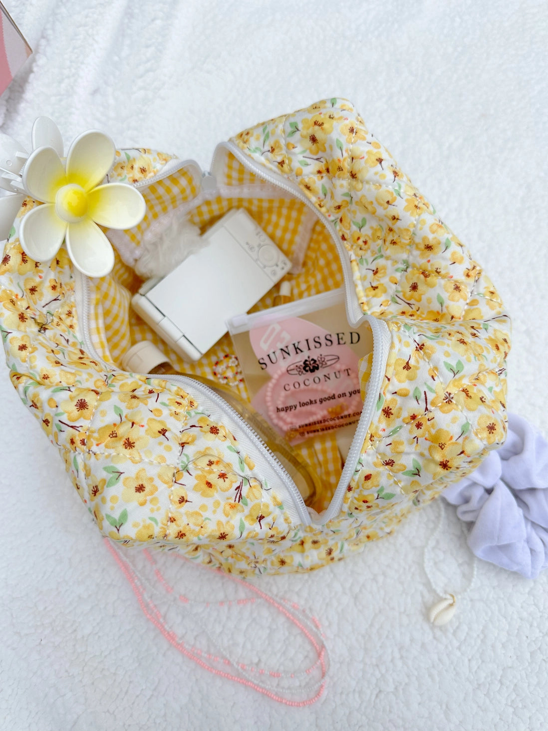 Yellow Flower Quilted Handmade Cosmetic Bag, Sunkissed Coconut