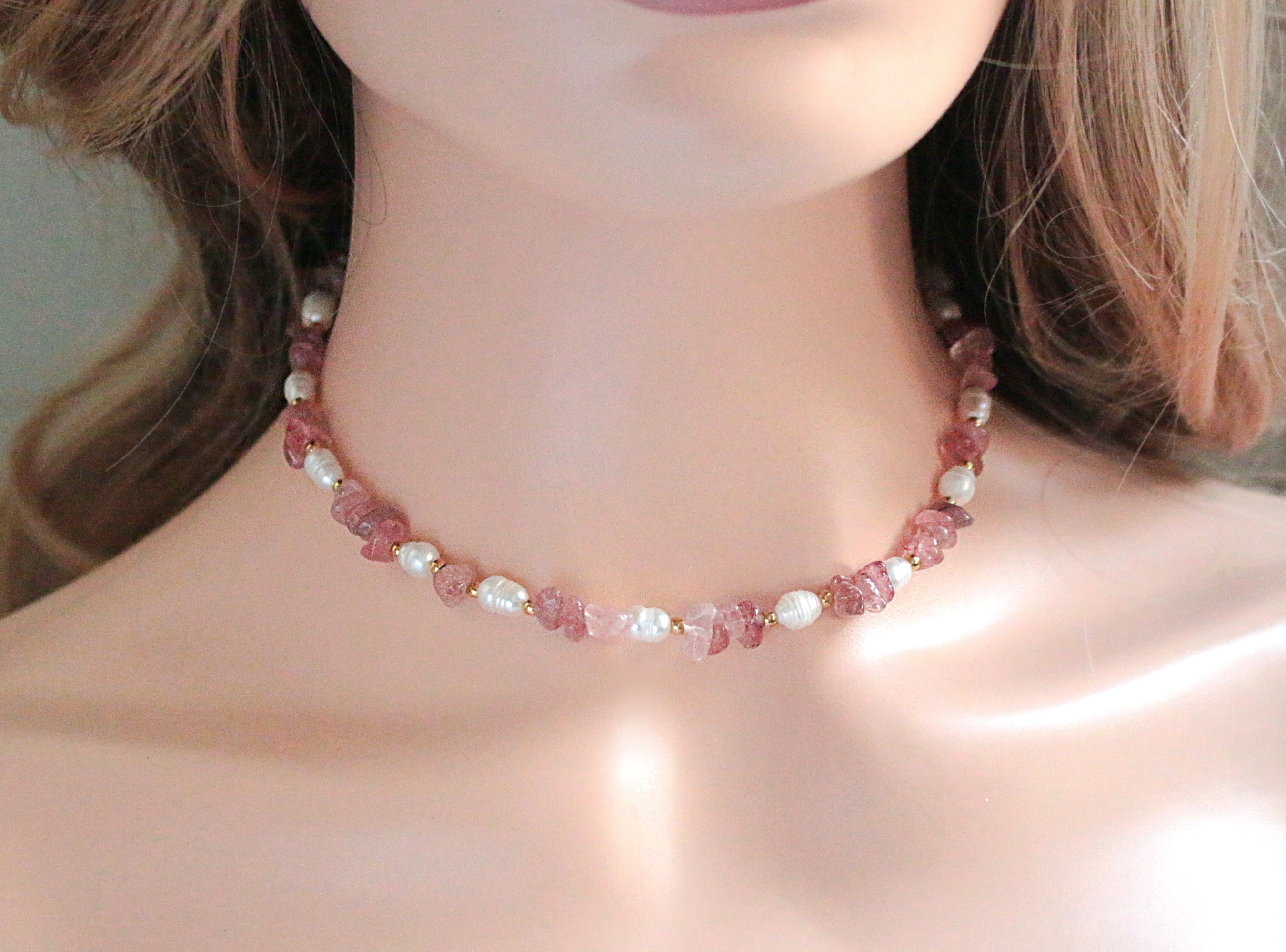 Ras de Cou Fait Main | Quartz Fraise &amp; Perles d&