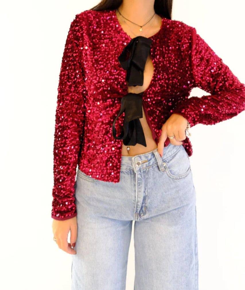 Cardigan à sequins en velours avec liens à nouer -