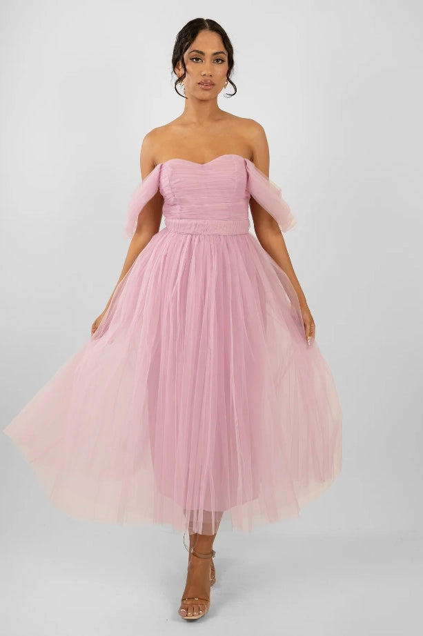 Melbourne Tulle Midi Dress in Pink