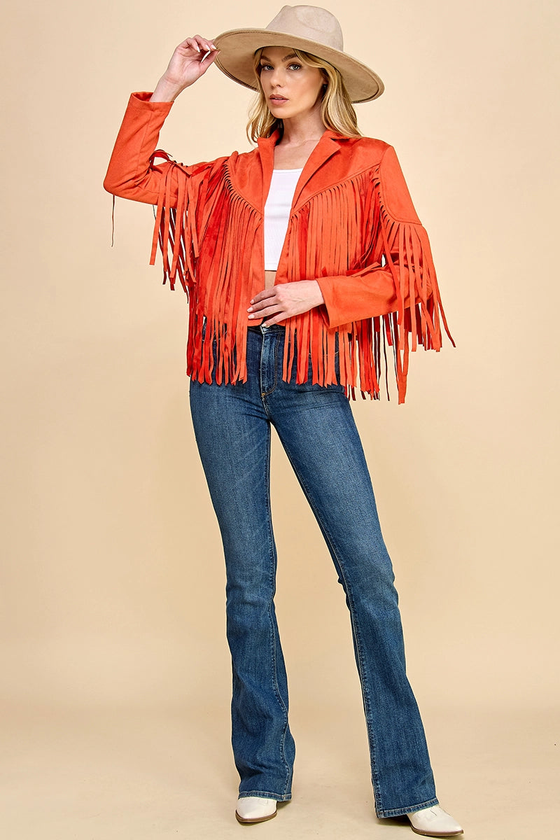 Faux Suede Fringe Jacket, Aiblee