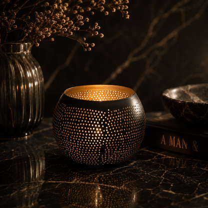 The Pierced Ball Black Gold – Ljuslykta i mässing | Bazar Bizar