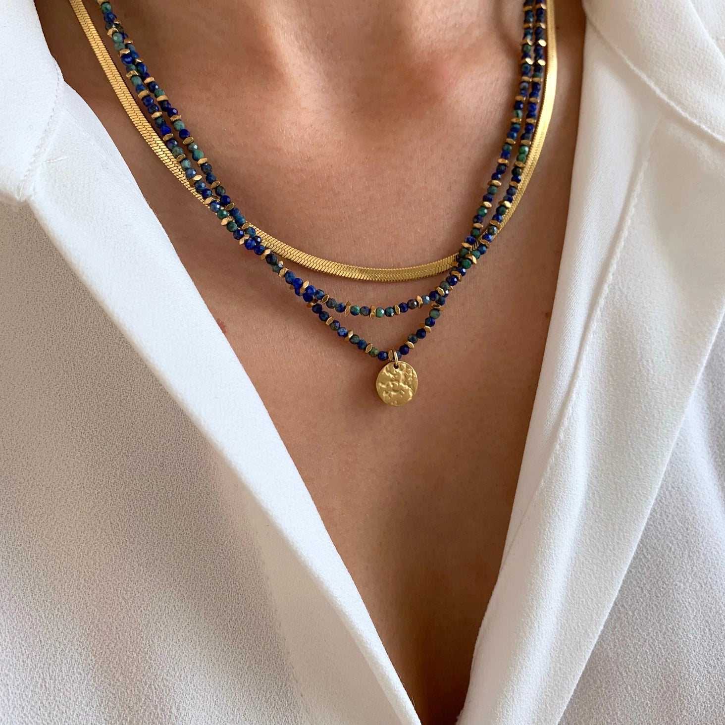 Necklace of Lapis Lazuli stones + Gold Plated Serpentine Chain, Victoire Collection