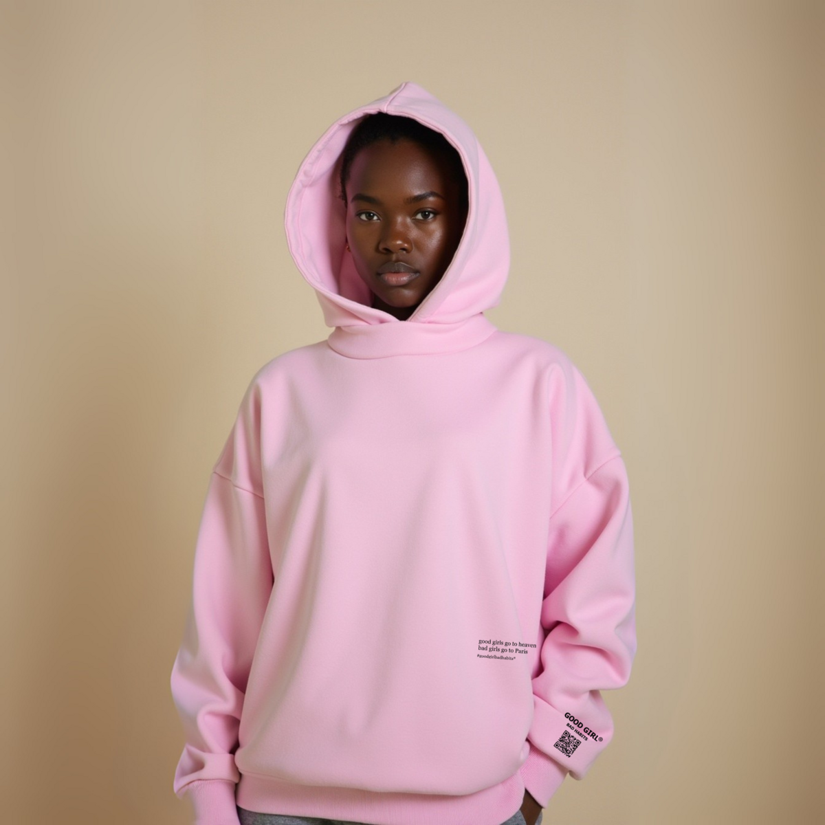 Hoodie “BAD GIRLS GO TO PARIS” – Pink / Beige / Light Blue