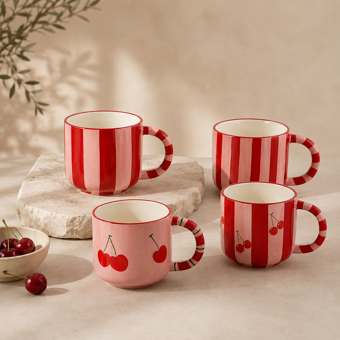 Cherry | Striped mugs - set of 4