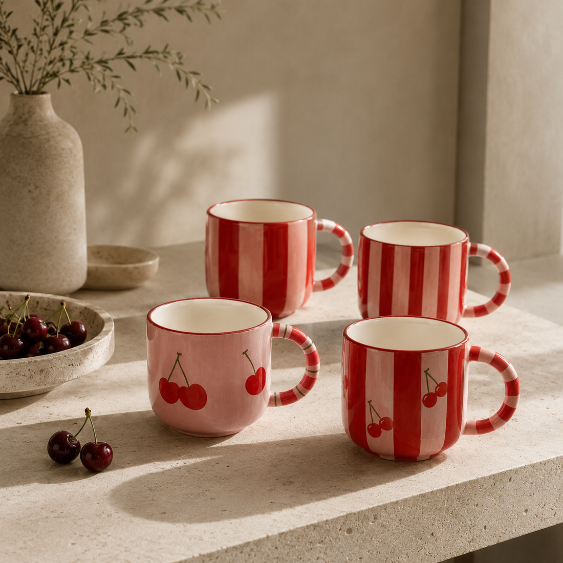 Cherry | Striped mugs - set of 4