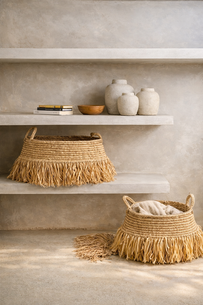 Stor raffiakorg med fransar – Natural