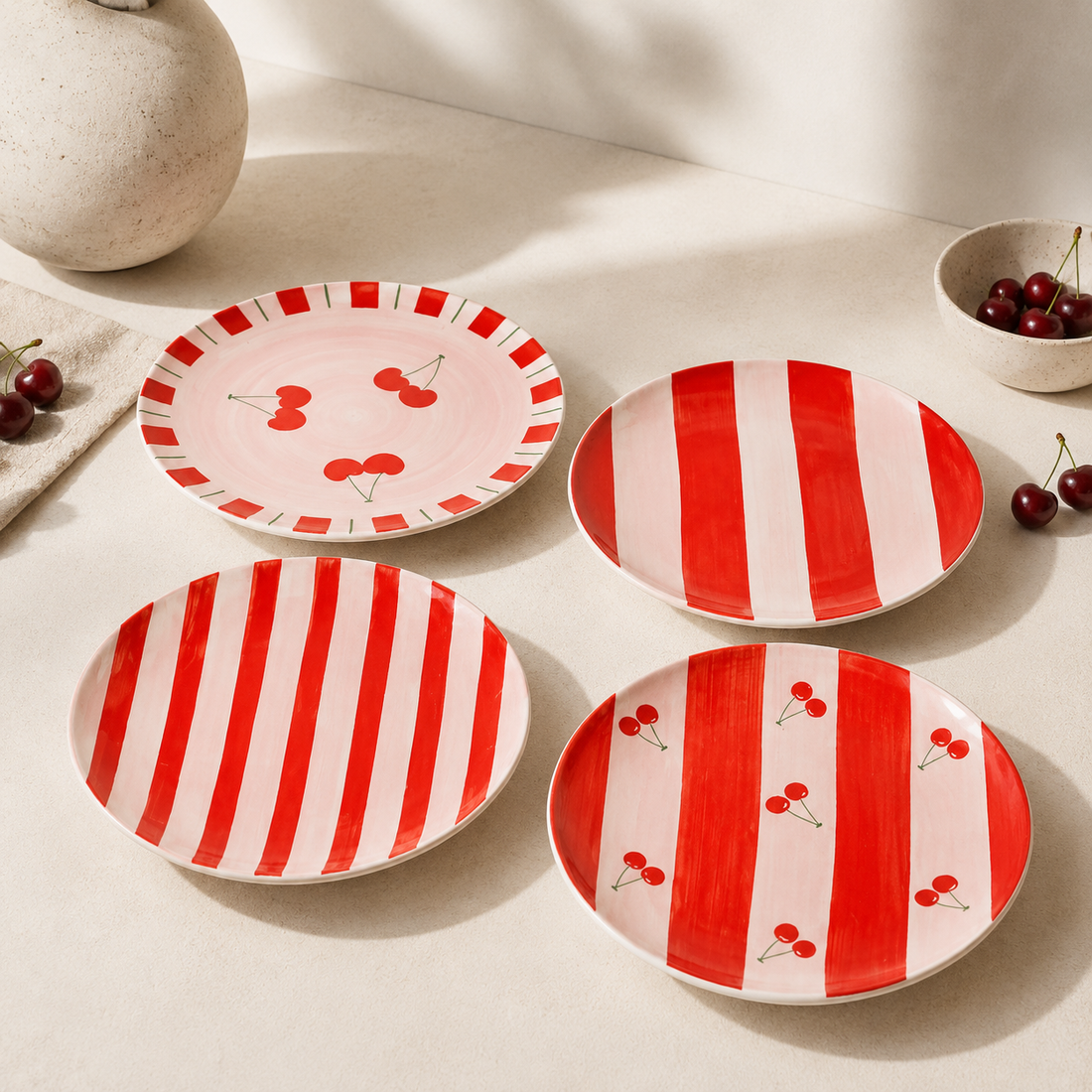 Cherry | Striped dessert plates - set of 4
