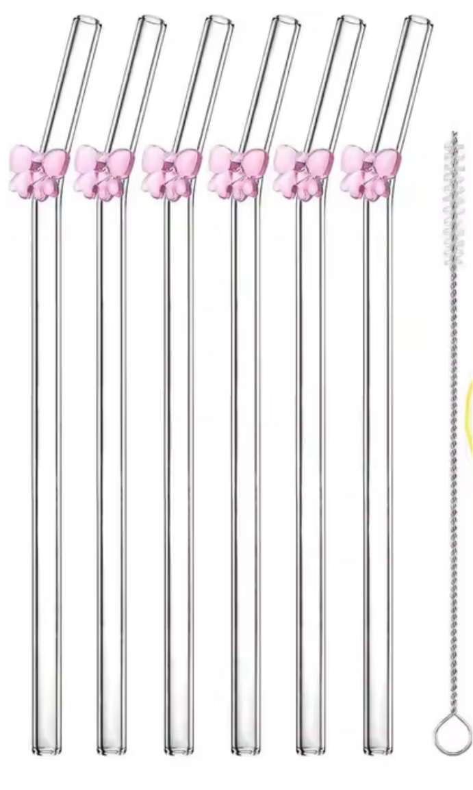 Sugrör i glas med rosa rosetter – 6-pack med rengöringsborste