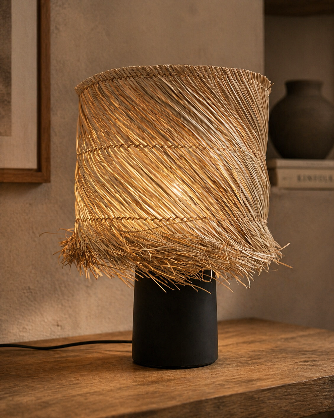 Pandan | Bordslampa i Natur &amp; Svart – Ø40 cm