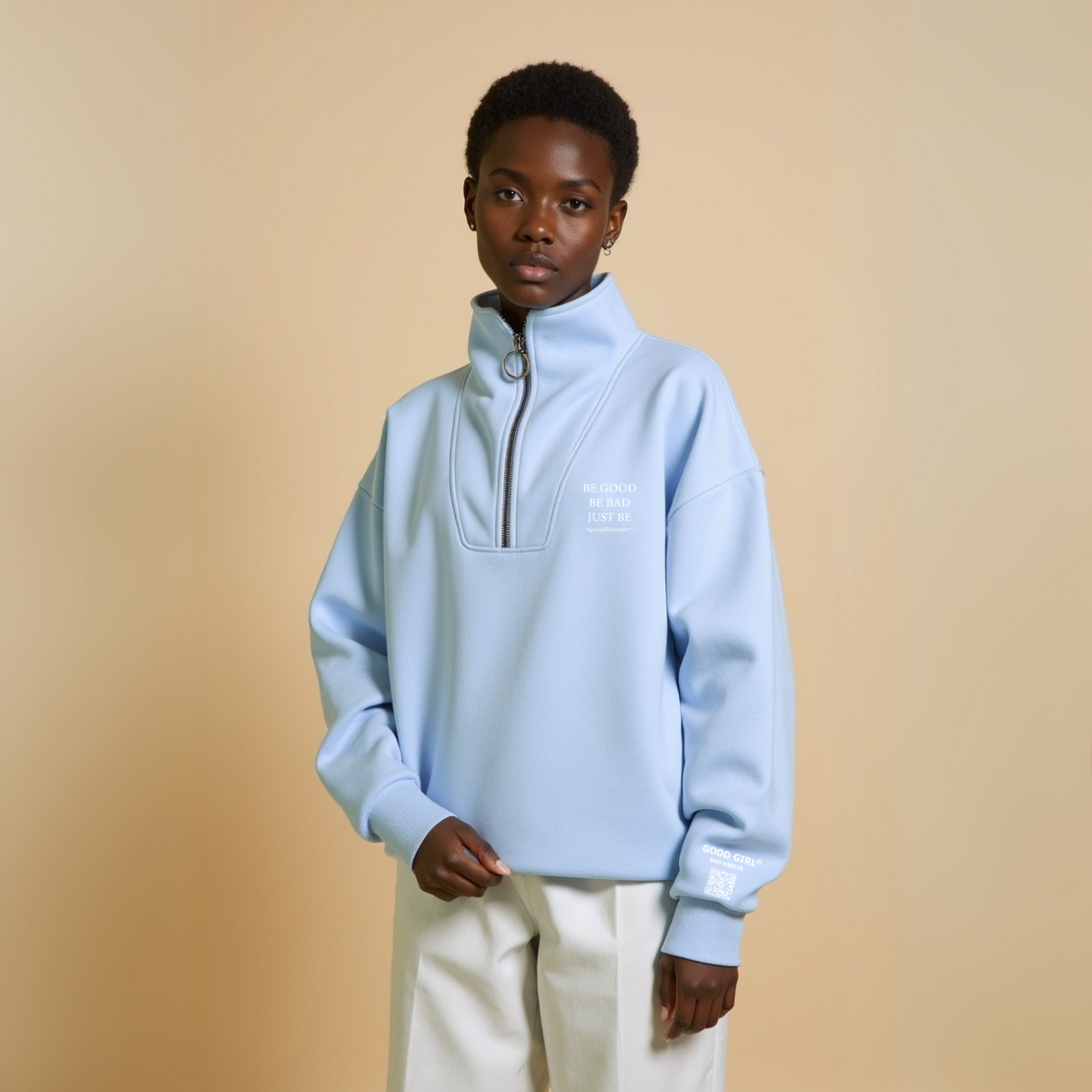 Half Zip Sweat “BE GOOD BE BAD JUST BE” – Black / Mint / Baby Blue