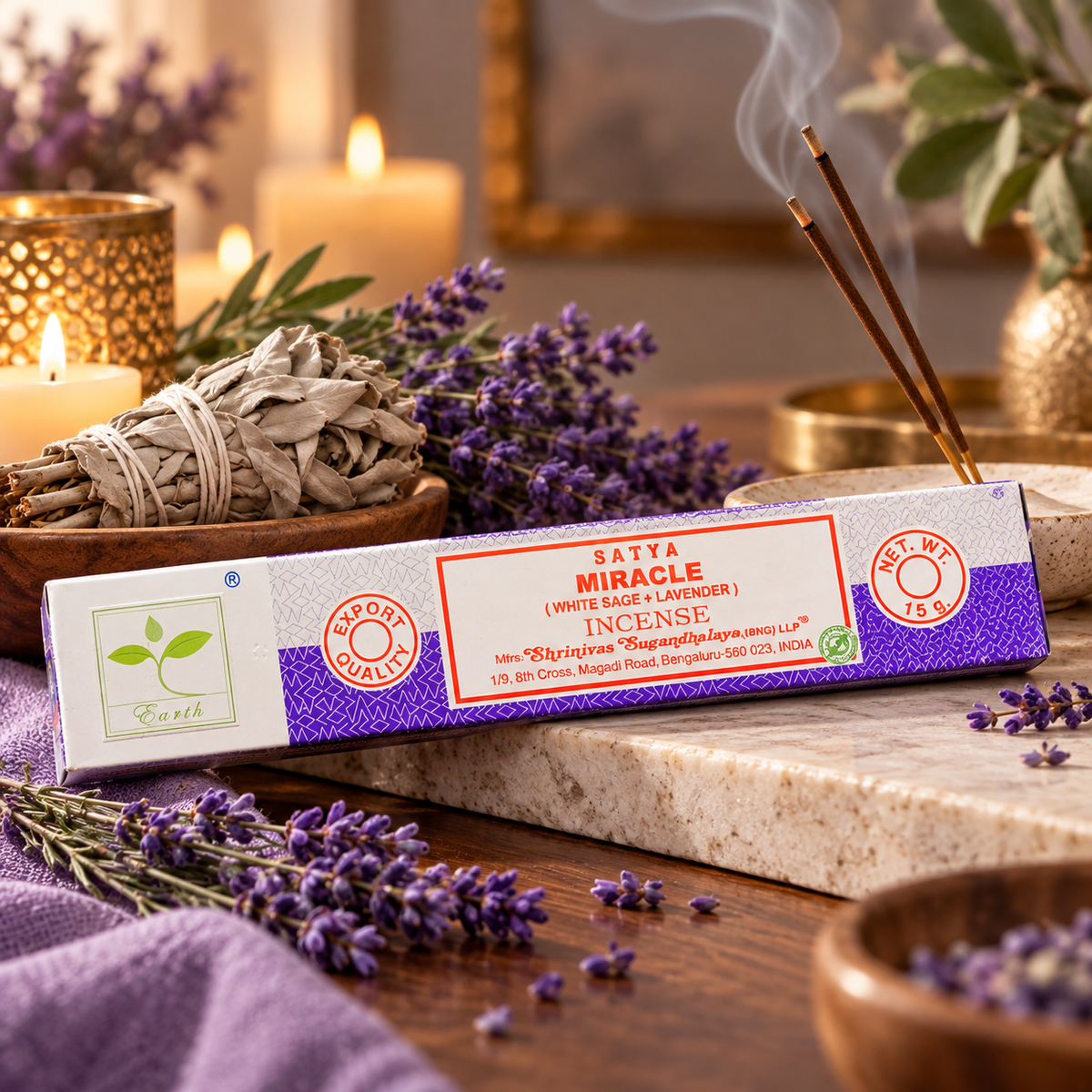 Satya Earth Miracle Incense – White Sage &amp; Lavender, 15 g
