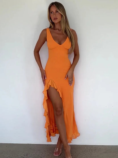 V-neck long dress with high slit