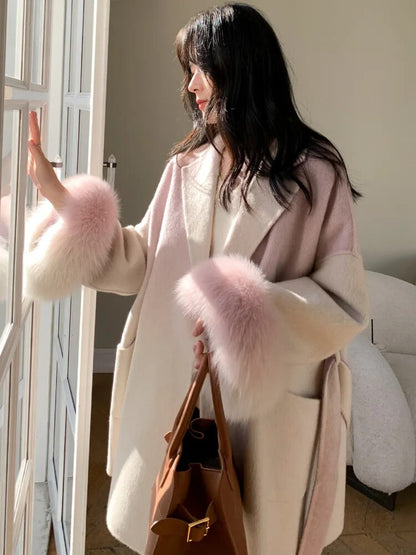 Exclusive wool coat made of Merino wool, Angora and silk with fur details 