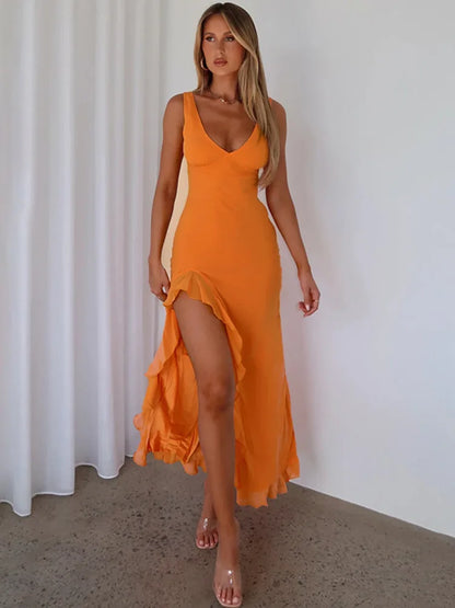 V-neck long dress with high slit