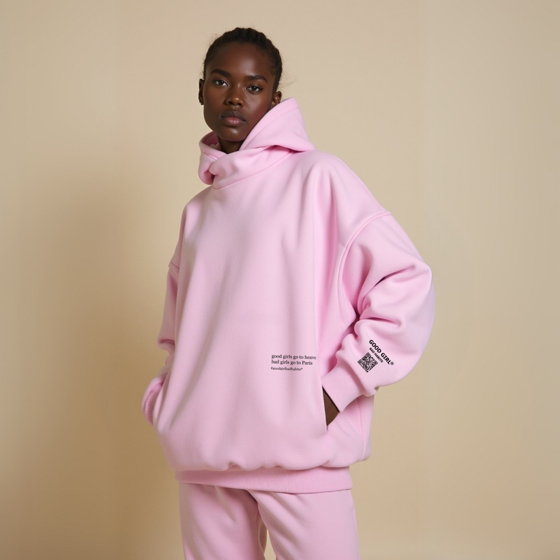 Hoodie “BAD GIRLS GO TO PARIS” – Pink / Beige / Light Blue