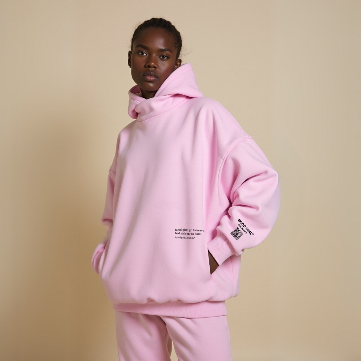 Hoodie “BAD GIRLS GO TO PARIS” – Pink / Beige / Light Blue