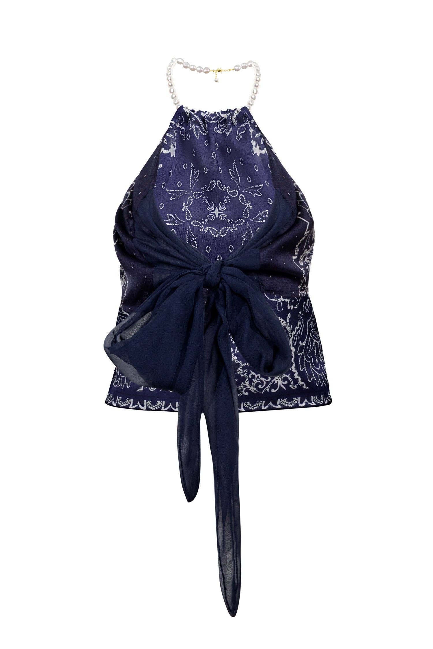 Bandana-Top mit abnehmbarer Perlenkette | Weiß &amp; Blau