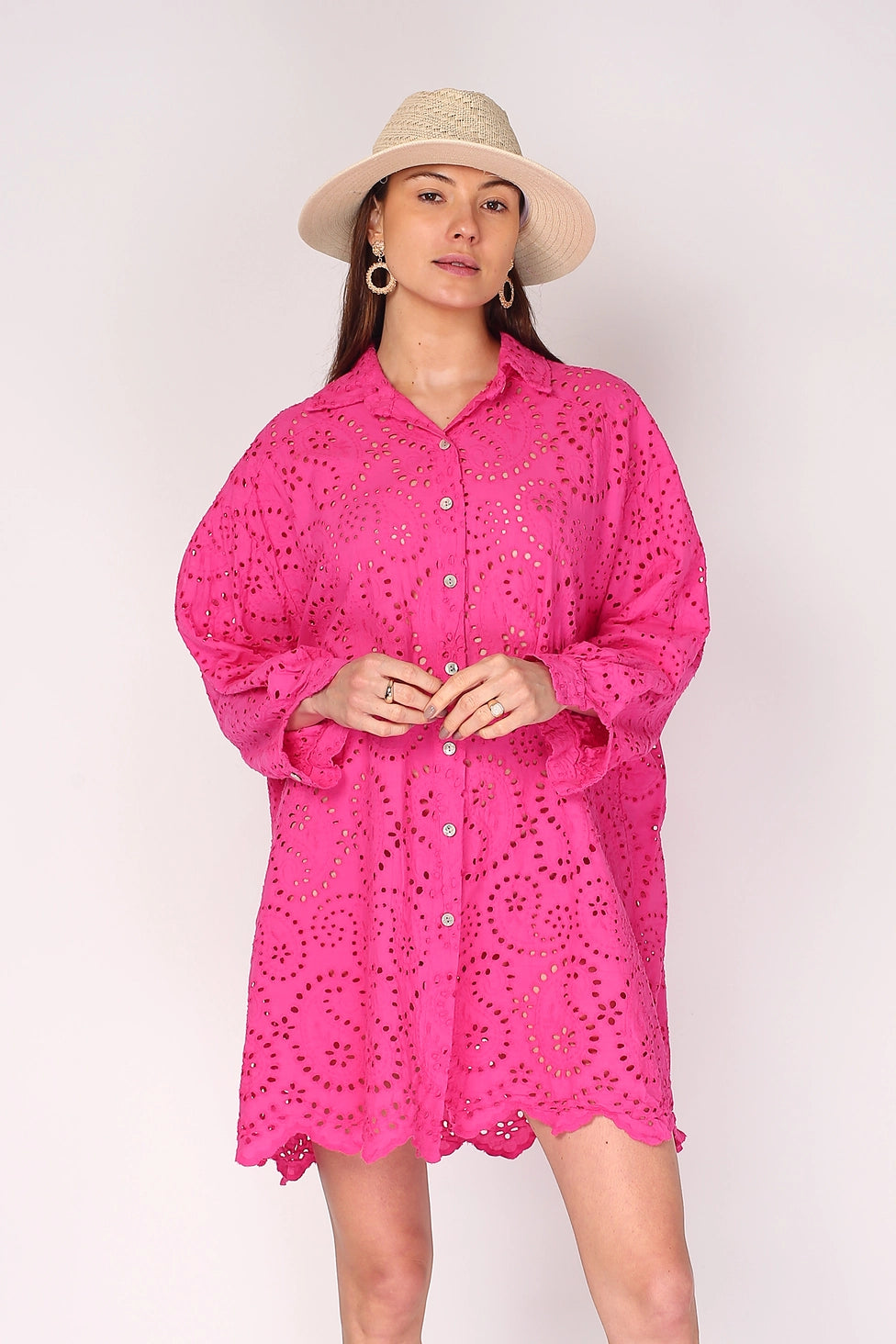 Shirt dress in cotton with eyelet embroidery, NOÉLINE