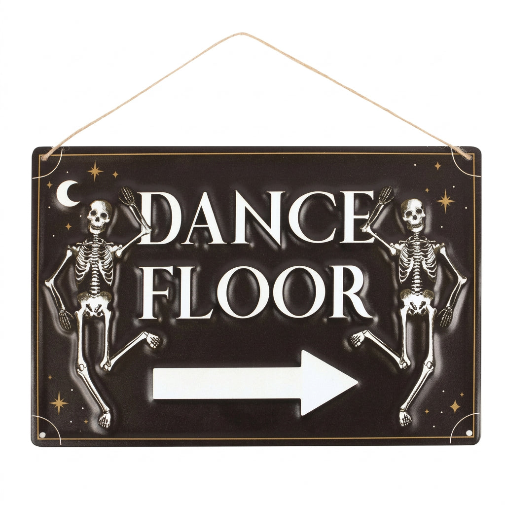 Dance Floor – Hängande metallskylt med skelett