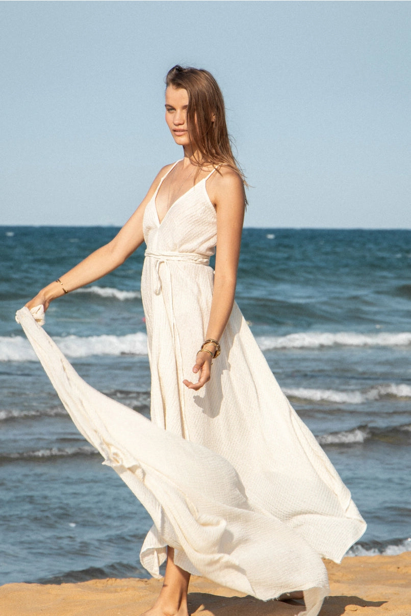 Sage Maxi Dress w. Gold Stripes, The Handloom Los Angeles