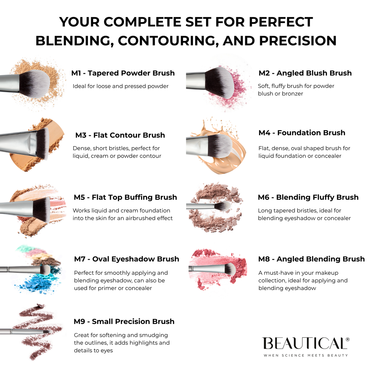 BEAUTICAL | Metal Glam Brush Set – 9 veganska sminkborstar