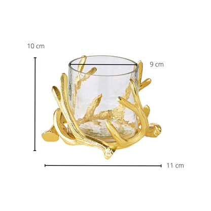 EDZARD Windlicht Kingston, Geweihdesign, Aluminium, goldfarben, mit Glas, Höhe 10 cm, ø 15 cm