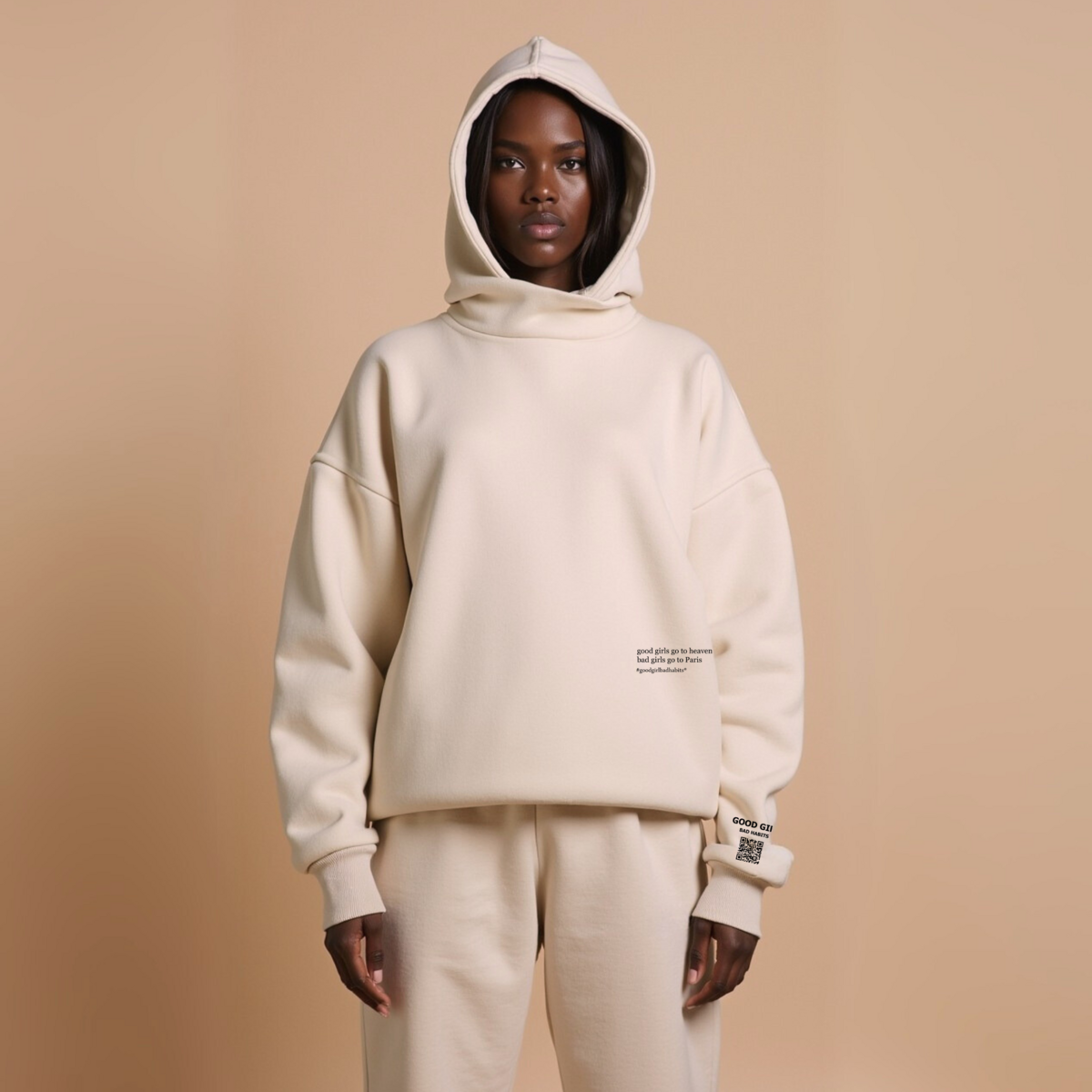 Hoodie “BAD GIRLS GO TO PARIS” – Pink / Beige / Light Blue