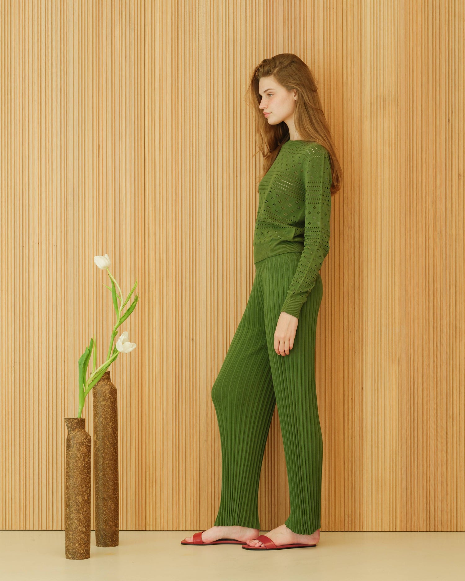 Plisserade stickade byxor i kammad bomull | Lèmme