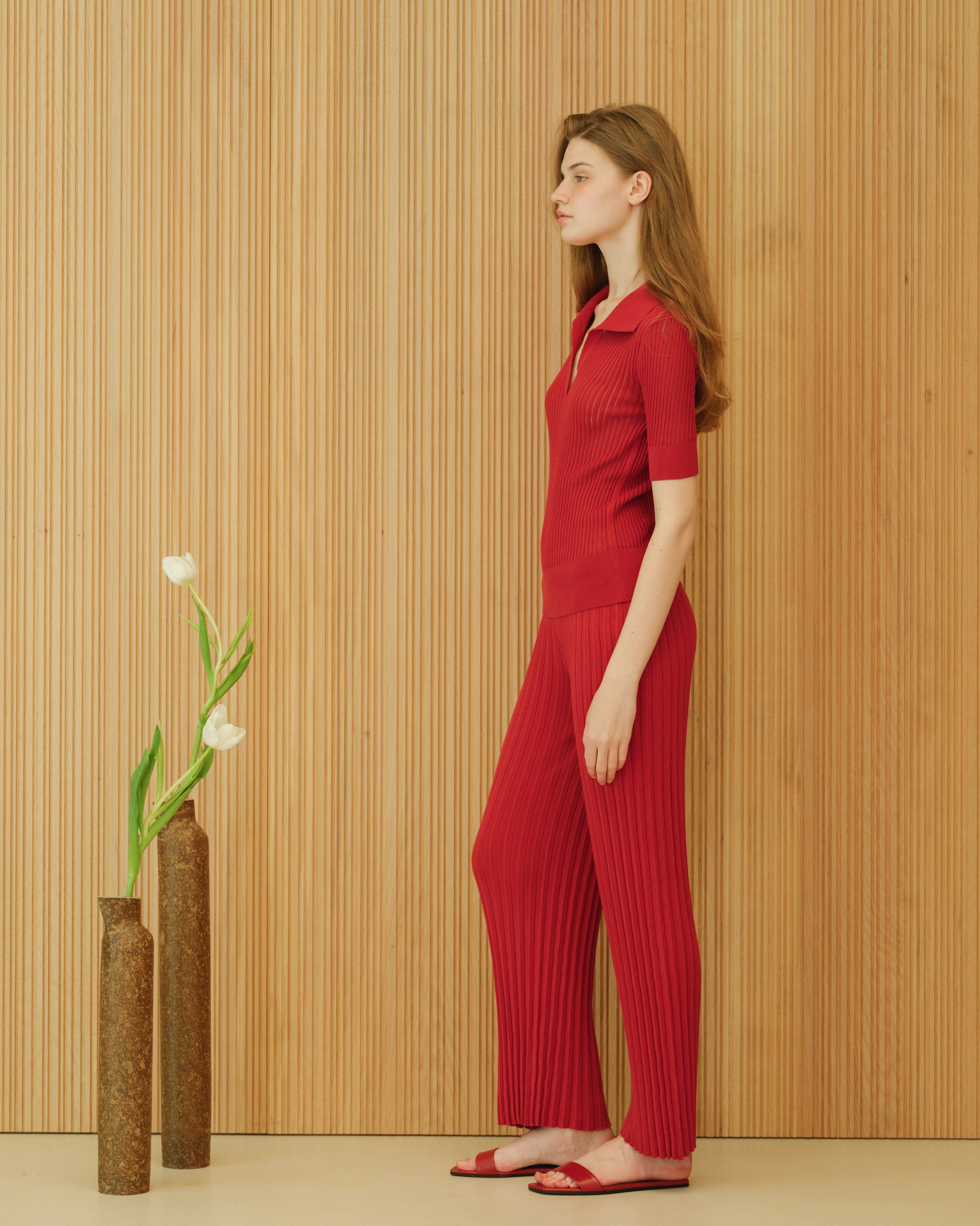 Plisserade stickade byxor i kammad bomull | Lèmme