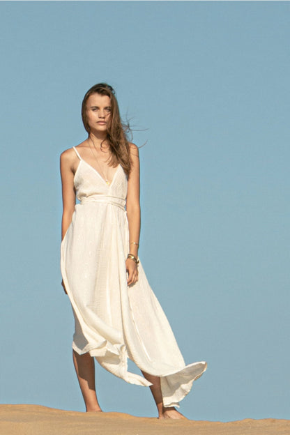 Sage Maxi Dress w. Gold Stripes, The Handloom Los Angeles