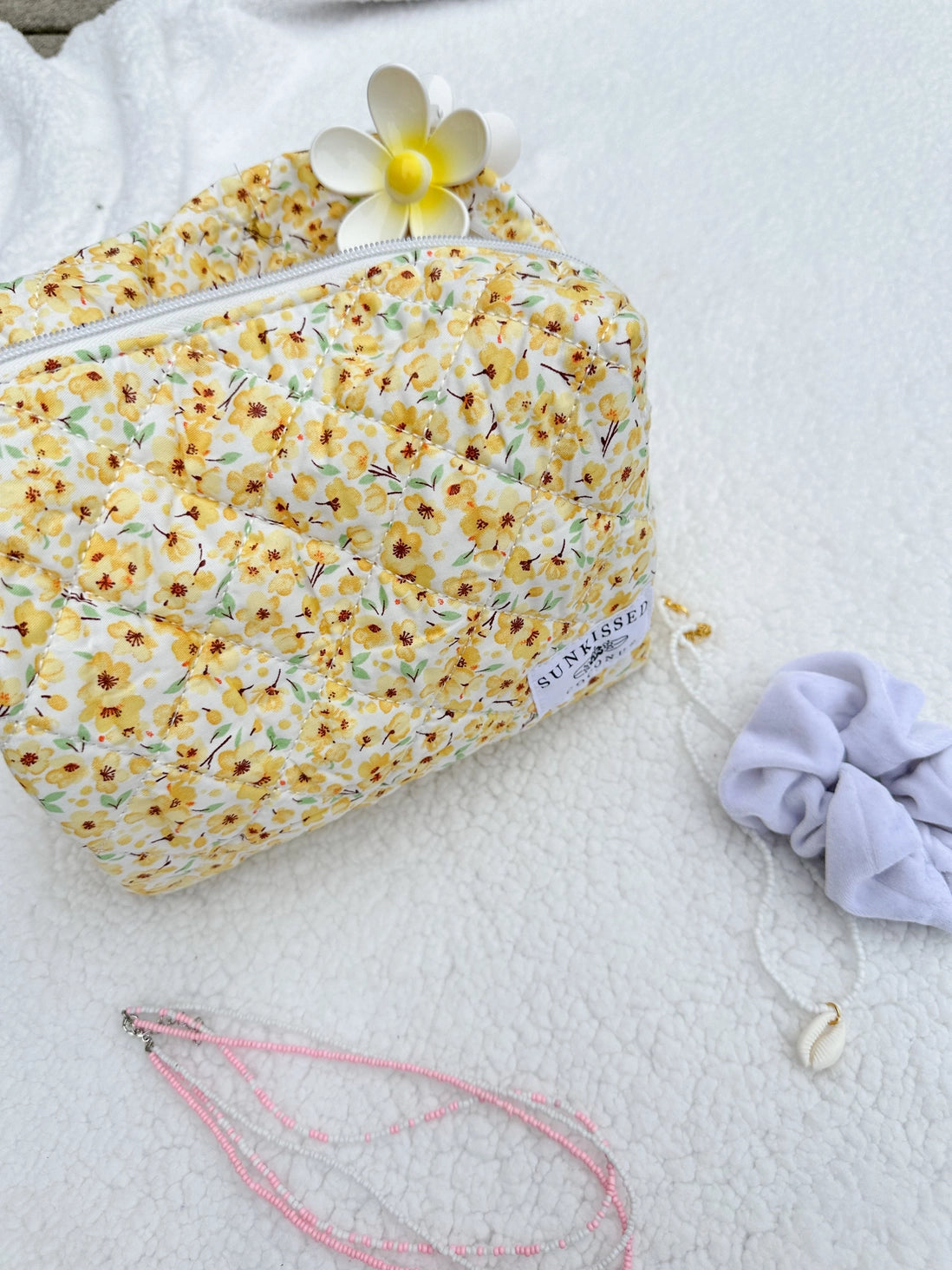 Yellow Flower Quilted Handmade Cosmetic Bag, Sunkissed Coconut